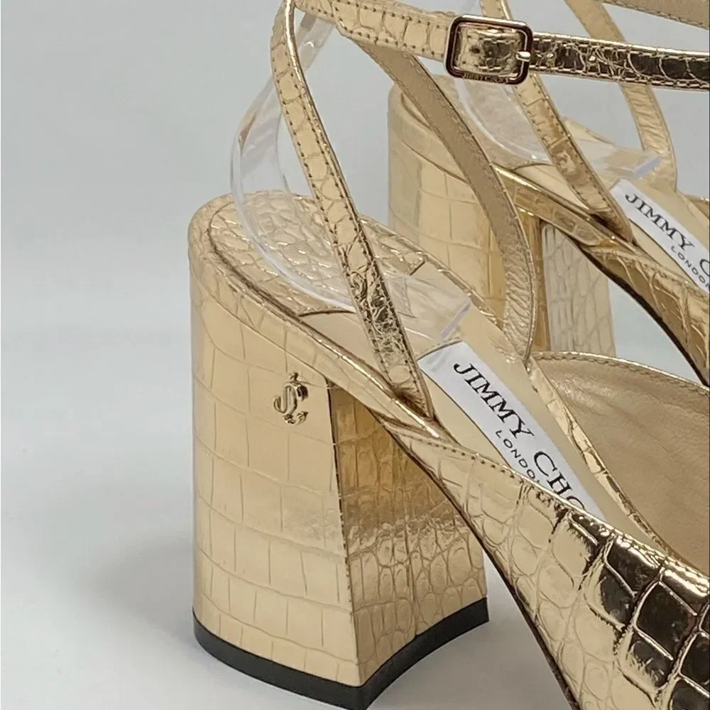 Jimmy Choo Jassidy Croc-Embossed Metallic Leather Sandals size 37.5